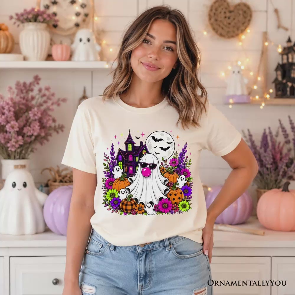 Bubblegum Ghost Haunted House T-Shirt, Colorful Floral Halloween Pumpkin Tee