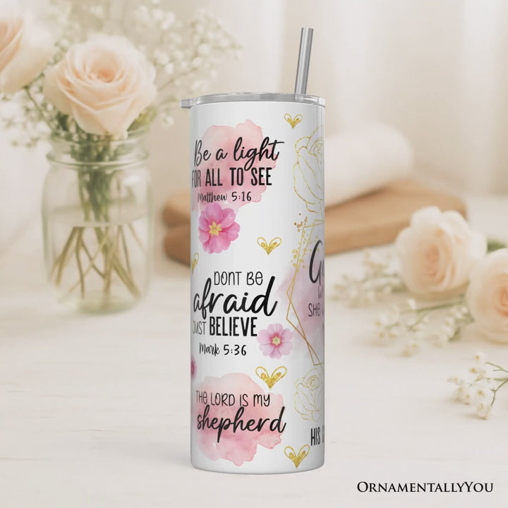Pink Floral Bible Verses 20oz Personalized Tumbler With Lid and Stainless Steel Straw, Woman Christian Affirmation Gift Cup