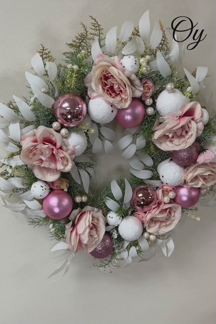 Snow White and Pink Bauble Filled Wreath, Belle Isis Artificial Flowers 22 Inches