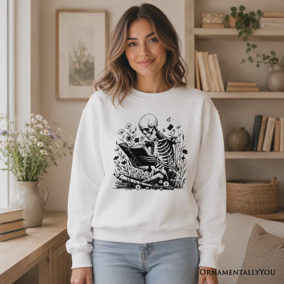 Gothic Reading Skeleton Sweatshirt, Floral Halloween Sweater for Spooky Bookworms