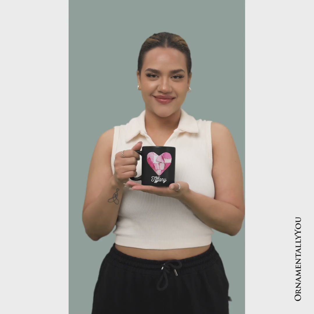 Patchwork Pink Heart Valentine Personalized Mug, Love Retro Coquette Gift with Custom Name
