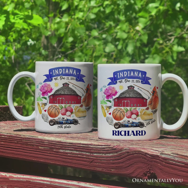 Artistic Indiana State Themes and Landmarks Personalized Mug With Custom Name