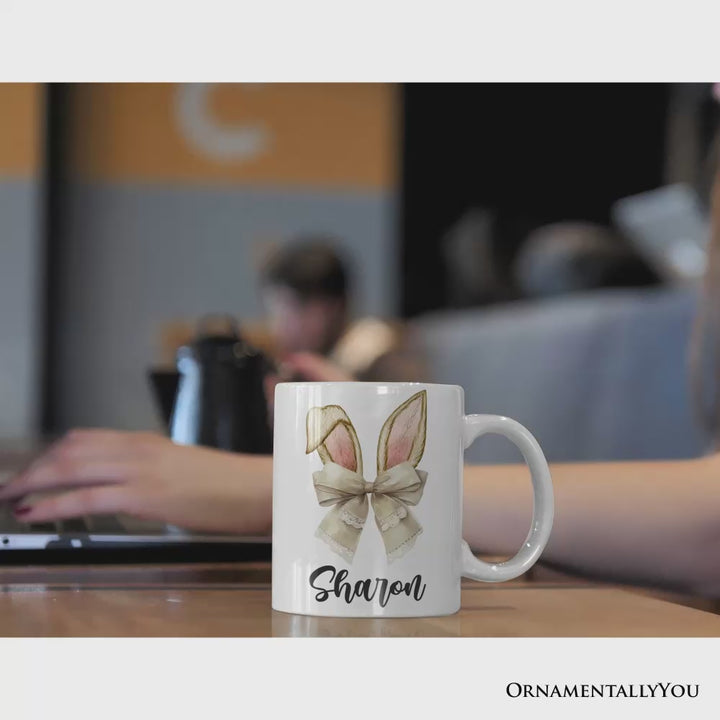 Coquette Bow Bunny Ears Personalized Mug, Aesthetic Spring Vibes Gift With Custom Name