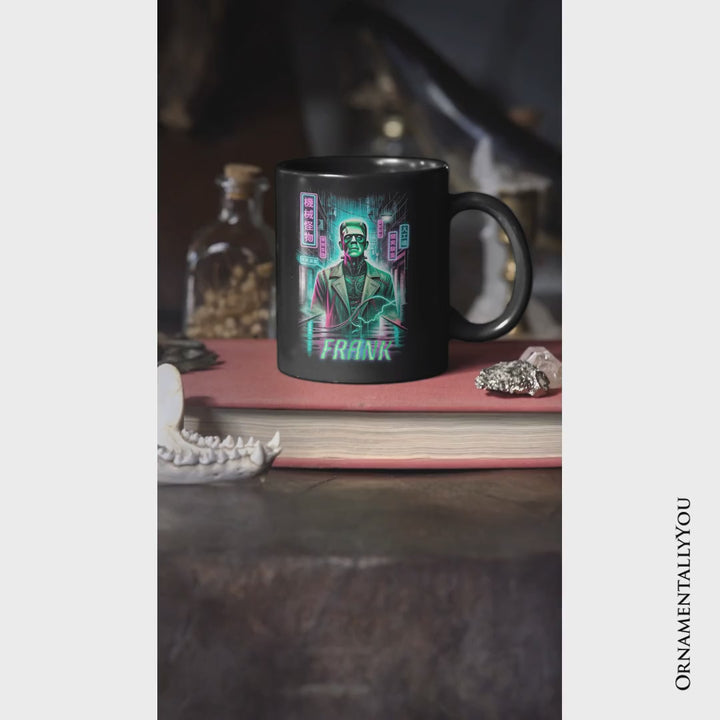 Cyberpunk Frankenstein Personalized Mug, Neon Halloween Monster Gift with Custom Name