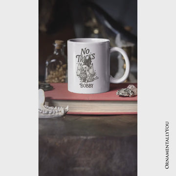 No Tricks Just Treats Dog Personalized Mug, Funny Halloween Puppy Gift with Spooky Vibes and Custom Name