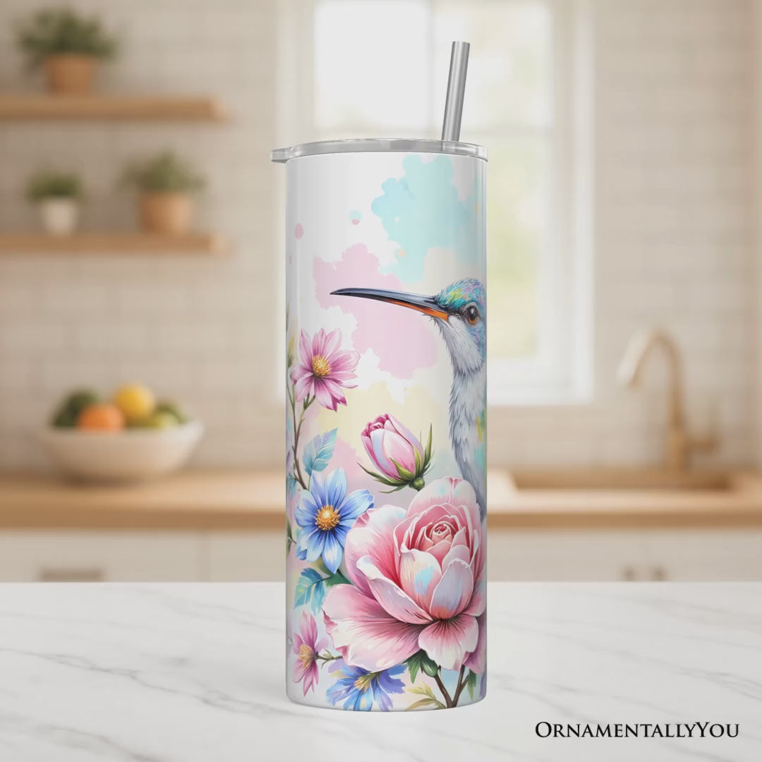 Beautiful Floral Hummingbird 20oz Personalized Tumbler With Lid and Stainless Steel Straw, Vibrant Roses Travel Mug Gift
