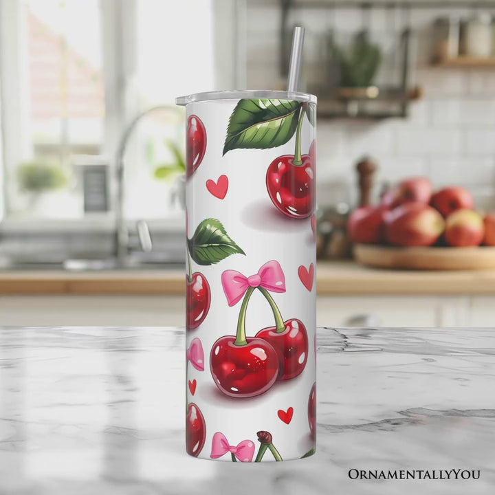 Cherry Bow Pattern 20oz Personalized Tumbler With Lid and Stainless Steel Straw, Valentine Travel Mug Gift