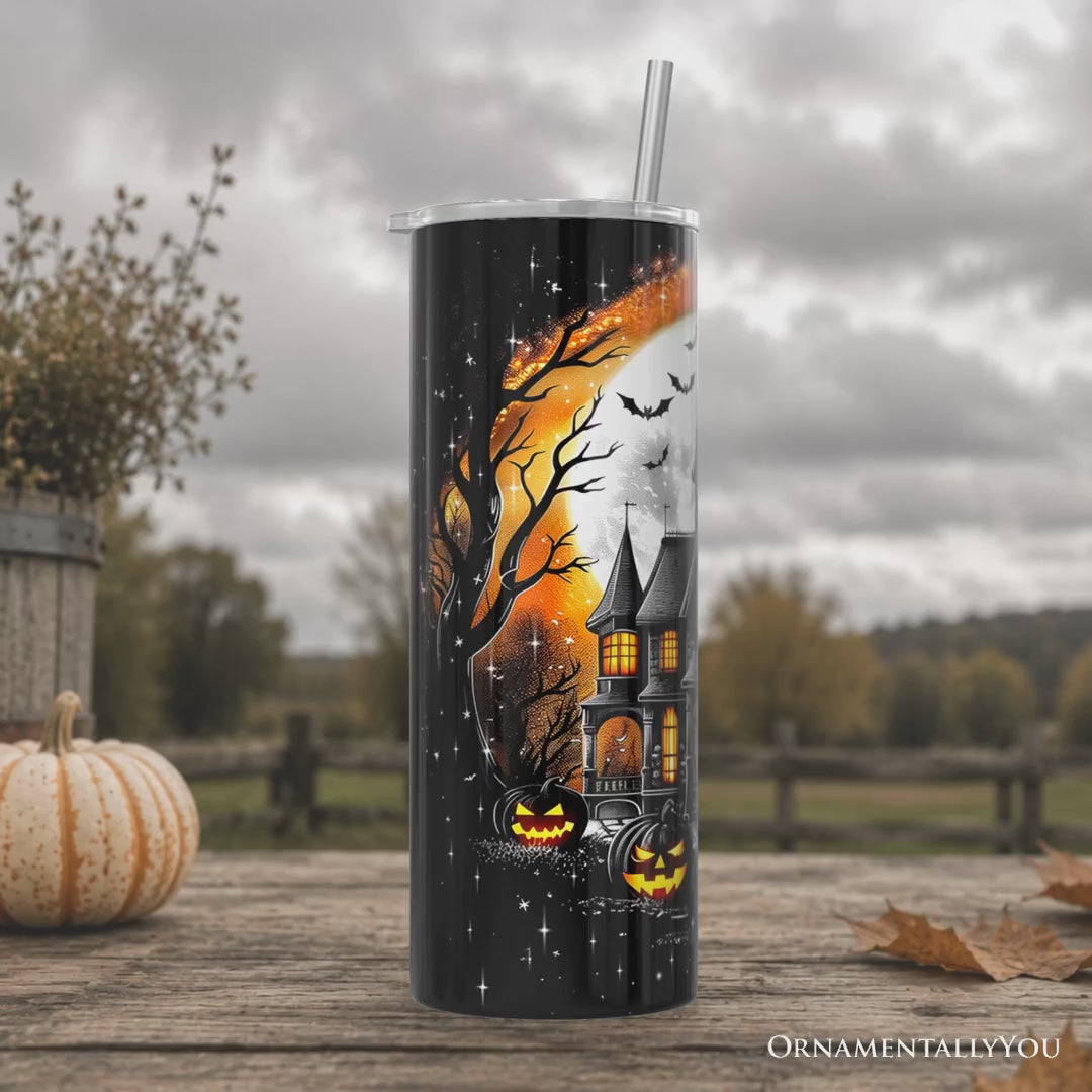 Haunted House Night Halloween 20oz Personalized Tumbler With Lid and Stainless Steel Straw, Spooky Horror Gift Cup