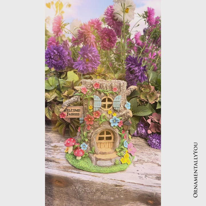 Tree Trunk Fairy Solar House Garden Statue, 8" Lighted Woodland Cottage Figurine Outdoor Decor