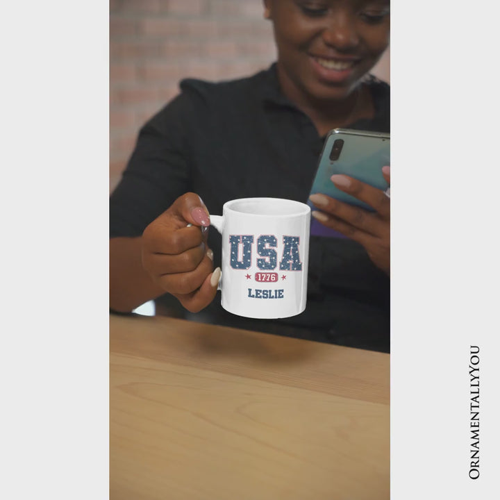 USA 1776 Stars Personalized Mug, Bold Patriotic Gift with Custom Name