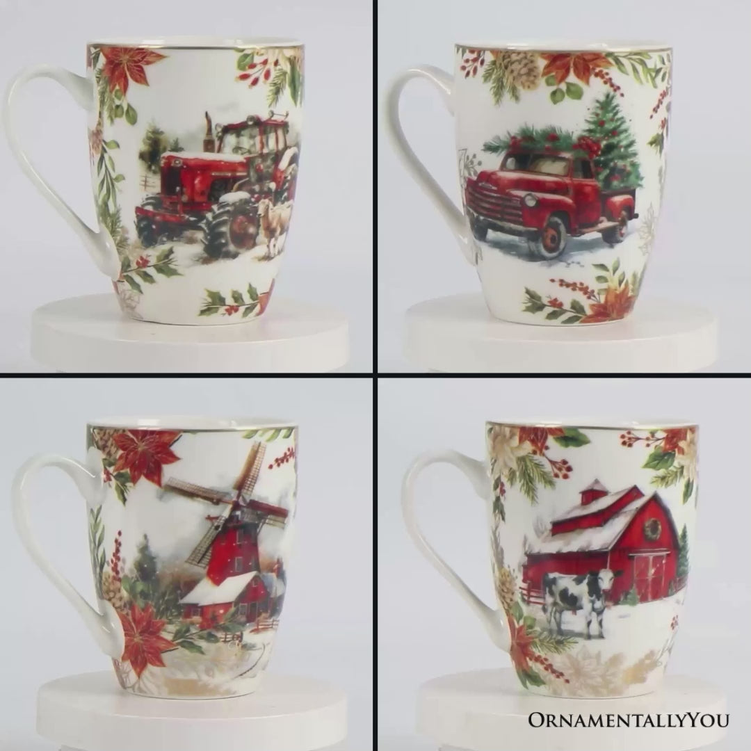 Fancy Farmhouse Holiday Set of 4 Ceramic Mugs with Real Gold Trim, Rustic Christmas Kitchen Coffee Cup Decoration