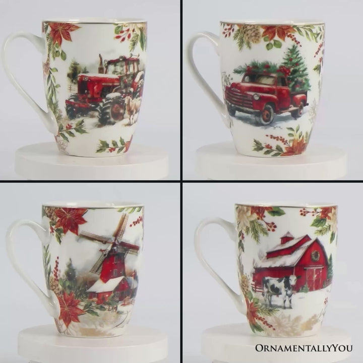 Fancy Farmhouse Holiday Set of 4 Ceramic Mugs with Real Gold Trim, Rustic Christmas Kitchen Coffee Cup Decoration