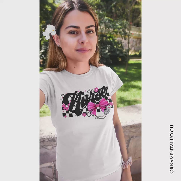 Nurse Floral Coquette Pink Bow T-Shirt, Retro Stethoscope Checkered Tee