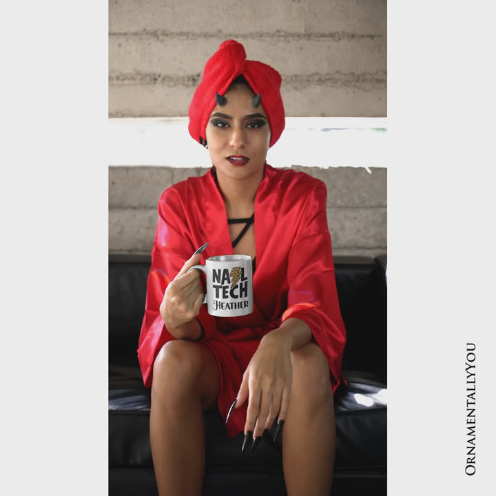 Nail Tech Leopard Lightning Personalized Mug, Retro Stylist Gift with Custom Name