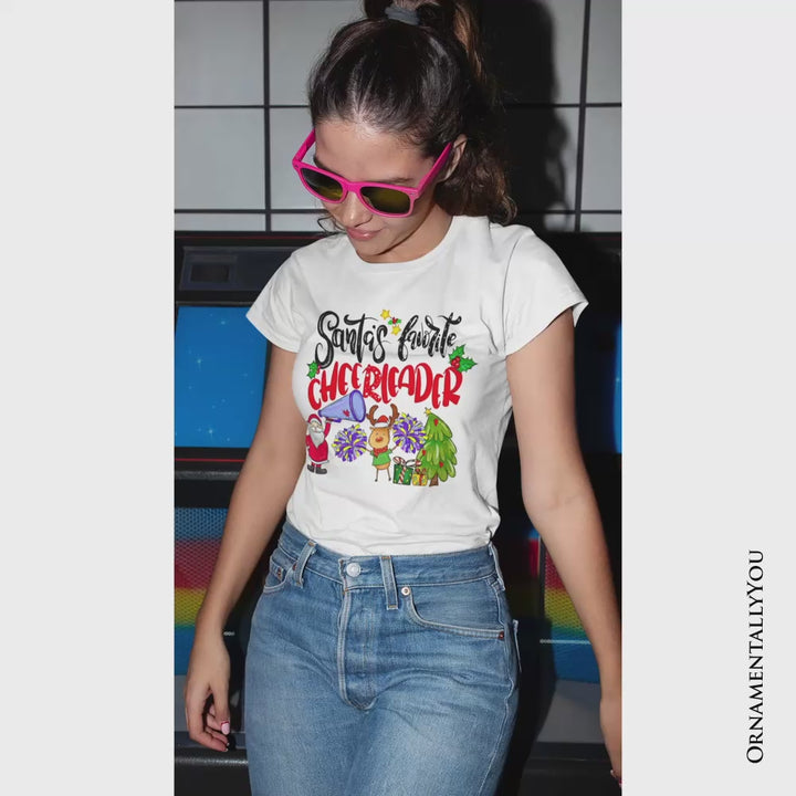 Santa’s Favorite Cheerleader T-Shirt, Sparkly Holiday Christmas Tee