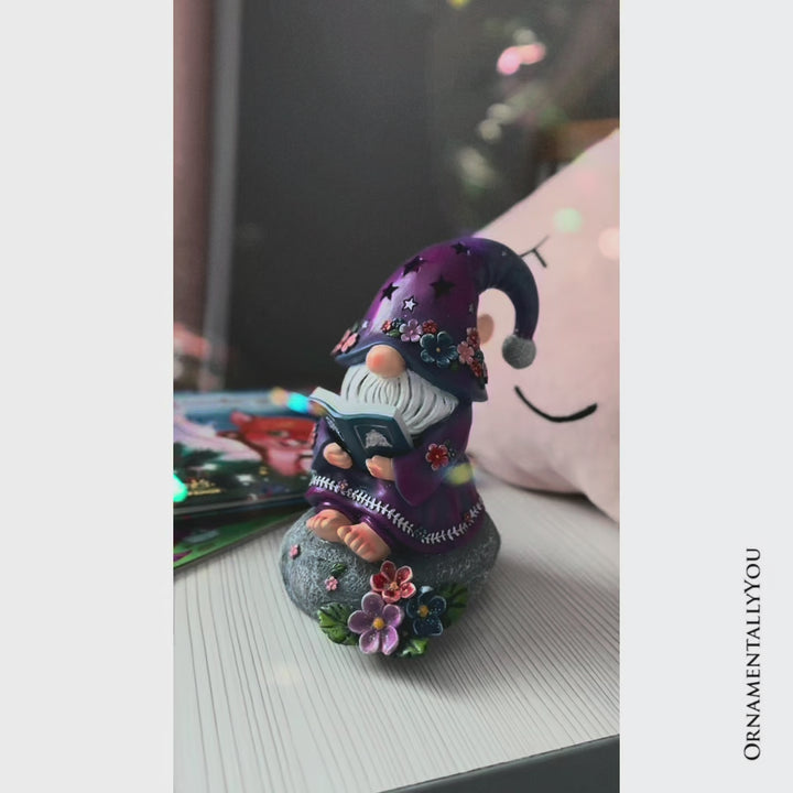 Enchanted Wisdom Solar Book Reader Gnome Figurine, 8" Lighted Lavender Purple Garden Statue