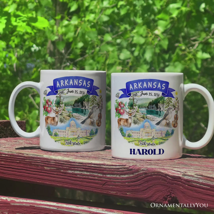 Artistic Arkansas State Themes and Landmarks Personalized Mug With Custom Name