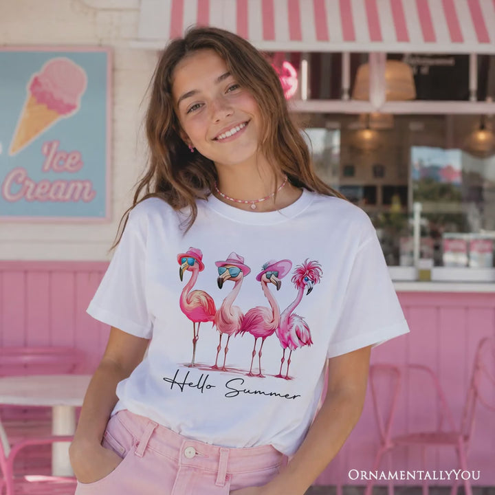 Kids Flamingo Hello Summer T-Shirt, Retro Tee with Tropical Birds for Youth Girls