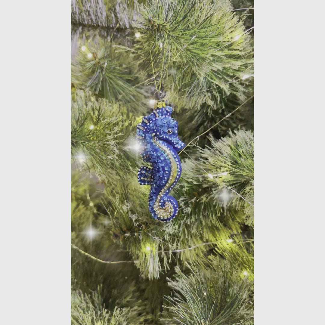 (Pre-Order) Exotic Seahorse Glass Christmas Ornament, Aquatic Beach Themed Nautical Decor