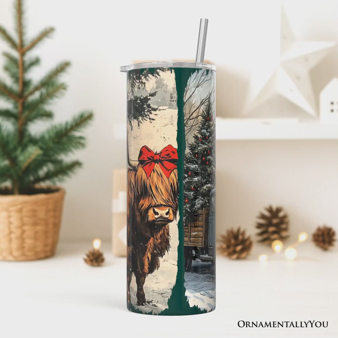 Small Town Christmas 20oz Personalized Tumbler With Lid and Stainless Steel Straw, Highland Cow Rustic Western Cowgirl Gift Cup