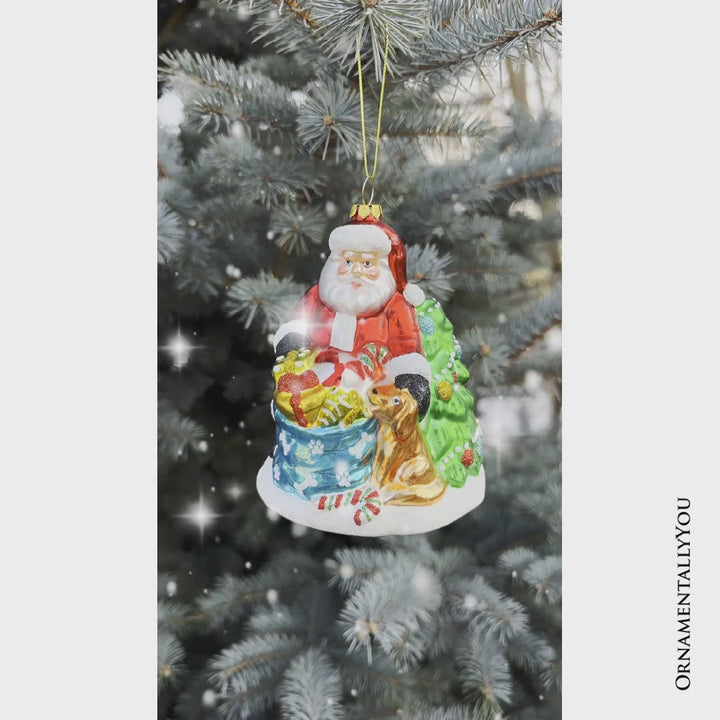 Santa with Dog and Giant Gift Bag Glass Christmas Ornament