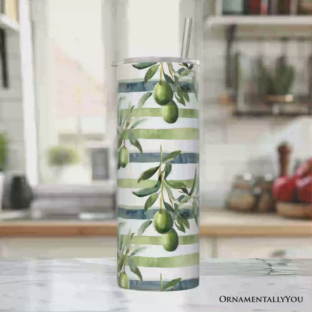 Green Olive Branch Print 20oz Personalized Tumbler With Lid and Stainless Steel Straw, Fresh Botanical Gift Cup