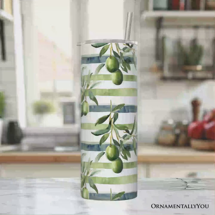 Green Olive Branch Print 20oz Personalized Tumbler With Lid and Stainless Steel Straw, Fresh Botanical Gift Cup
