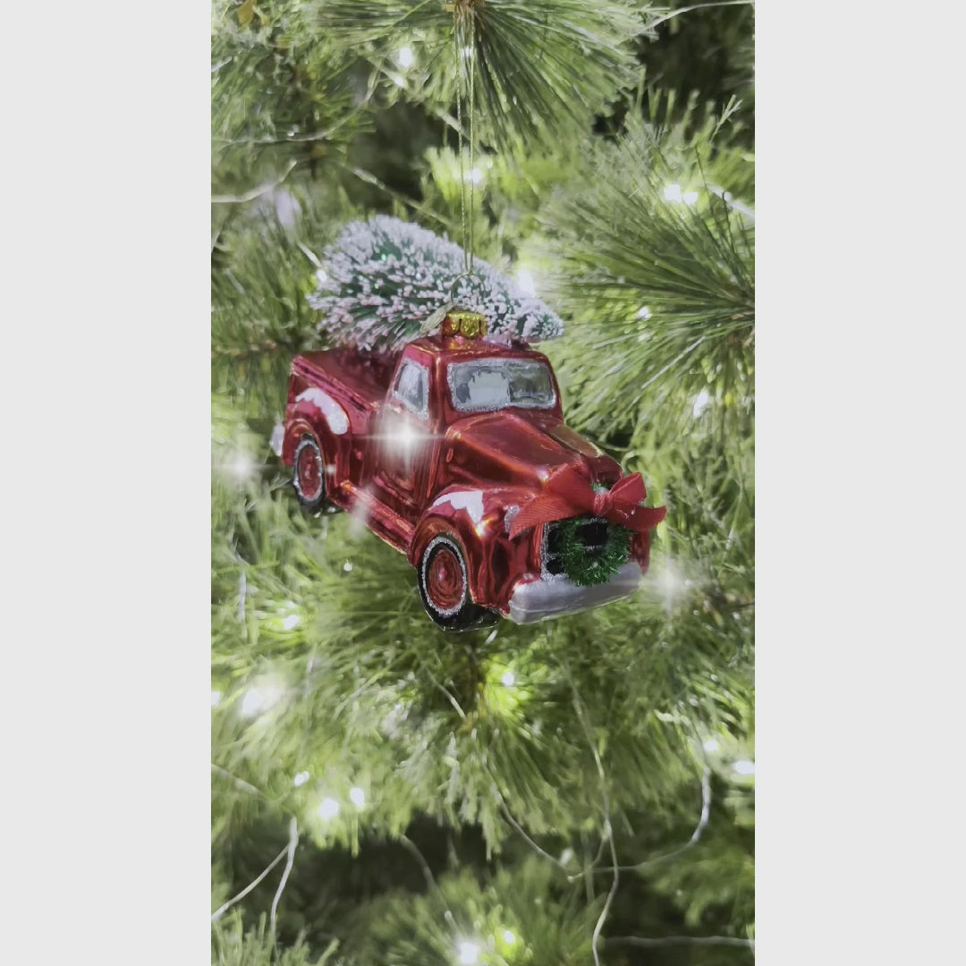 Traditional Red Truck with Ornamental Tree Glass Christmas Ornament