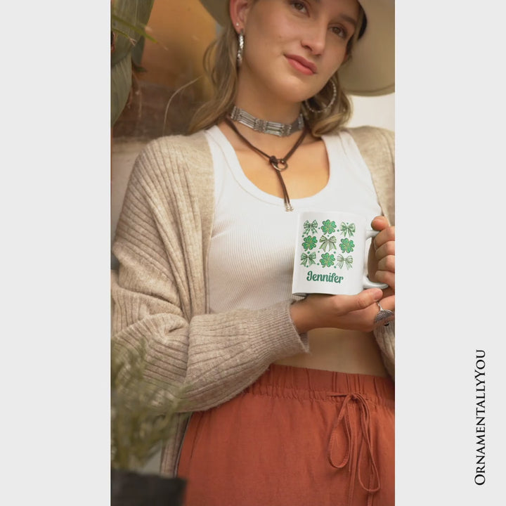 Coquette Clover Bows St Patrick’s Day Personalized Mug, Green Irish Lucky Shamrock Gift with Custom Name