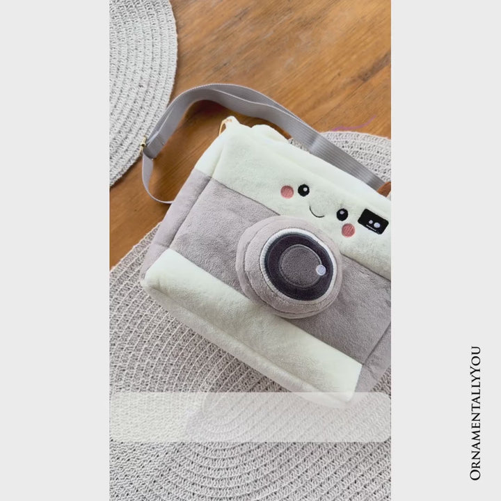 Camera Diaz Plush Crossbody Bag, Cute 9.5" Camera-Shaped Purse for Kids