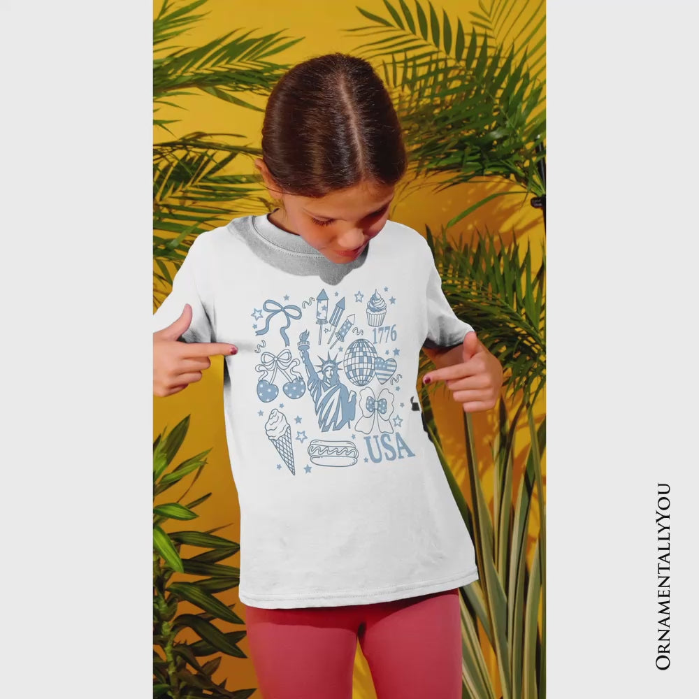 Kids USA Liberty Retro Coquette T-Shirt, Youth 1776 Patriotic 4th of July Tee