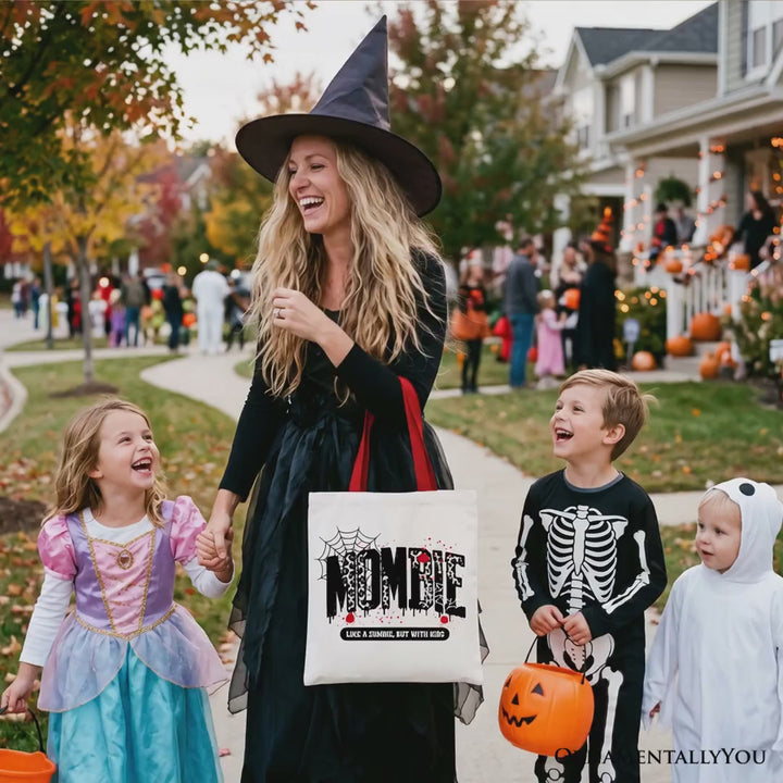 Mombie Like a Zombie But With Kids Tote Bag, Funny Halloween Mom Horror Gift Shopper