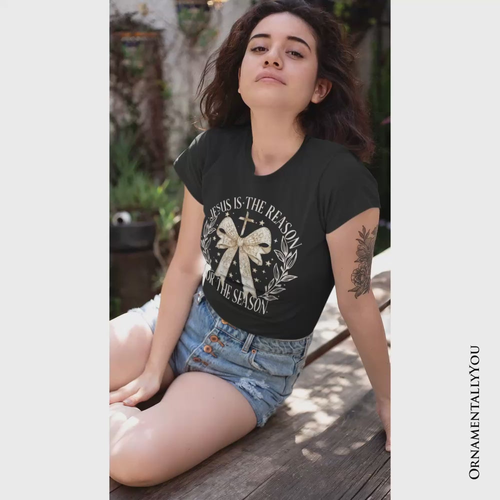 Jesus Is the Reason Christmas T‑Shirt, Coquette Gold Bow Cross Tee for Faithful Women
