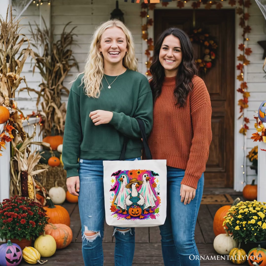Trick or Treat Geese Tote Bag, Colorful Halloween Ghost Costume Gift Shopper