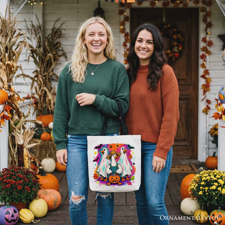 Trick or Treat Geese Tote Bag, Colorful Halloween Ghost Costume Gift Shopper