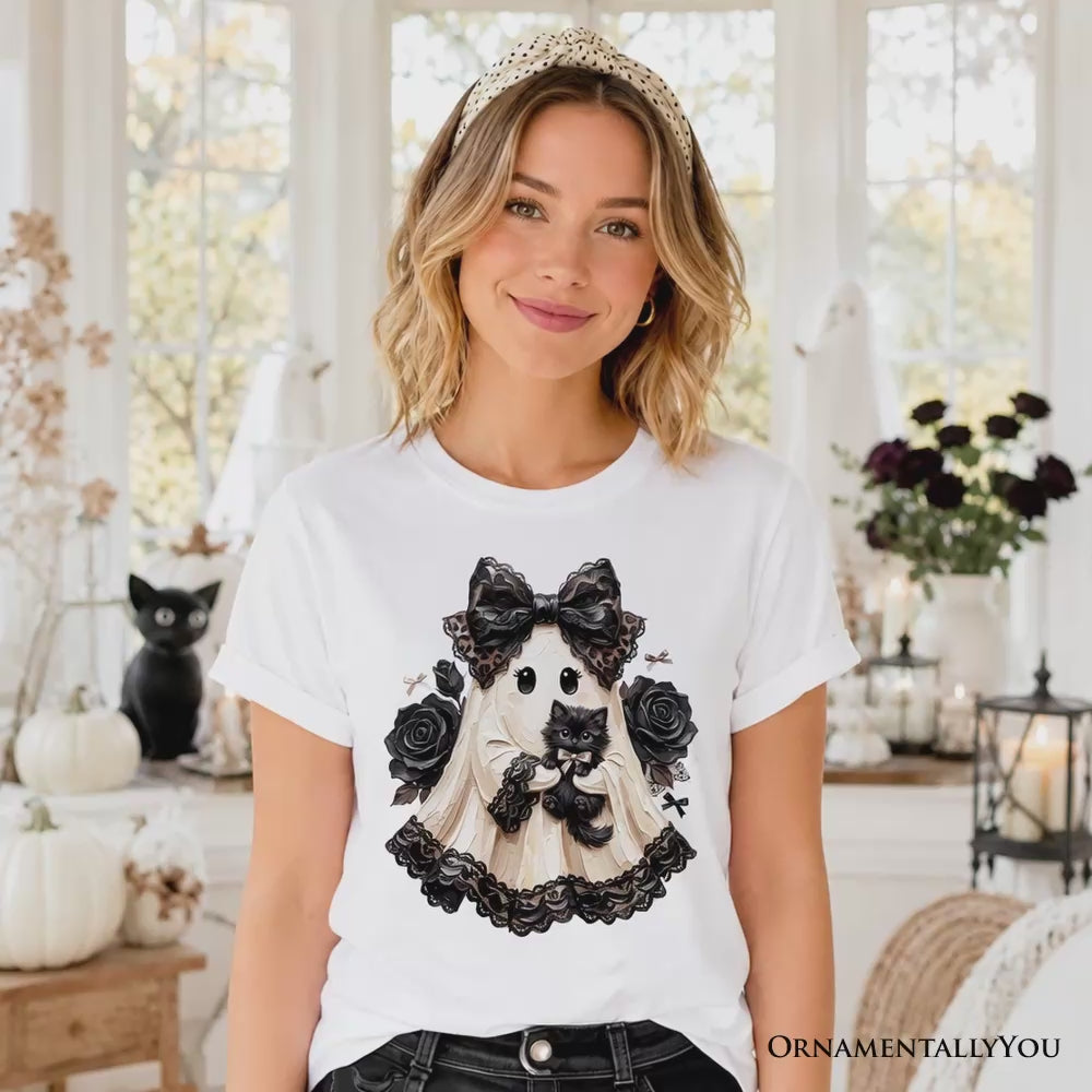 Gothic Ghost with Black Cat T-Shirt, Black Rose Coquette Halloween Tee