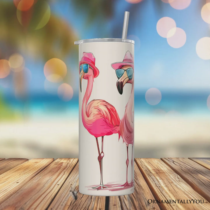 Stylish Summer Flamingo 20oz Personalized Tumbler With Lid and Stainless Steel Straw, Retro Tropical Birds Gift Cup