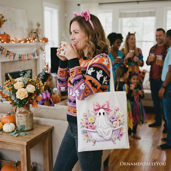 Pink Bow Bathtub Ghost Tote Bag, Floral Coquette Halloween Gift Shopper