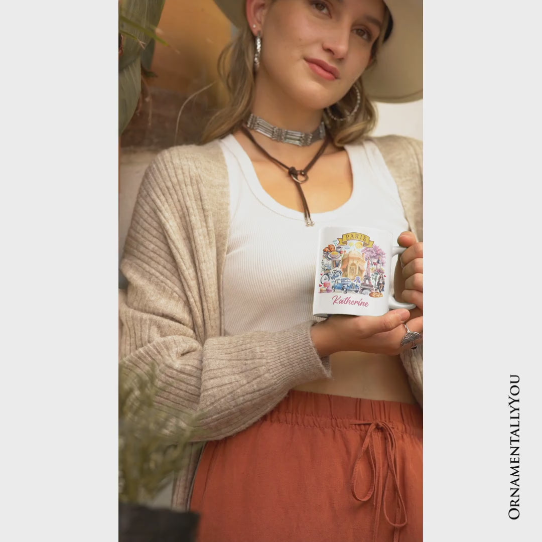 Artistic Paris Culture and Landmarks Personalized Mug, Classical France Gift and Souvenir with Custom Name