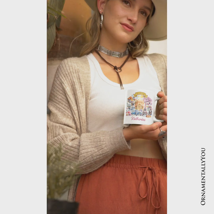 Artistic Paris Culture and Landmarks Personalized Mug, Classical France Gift and Souvenir with Custom Name