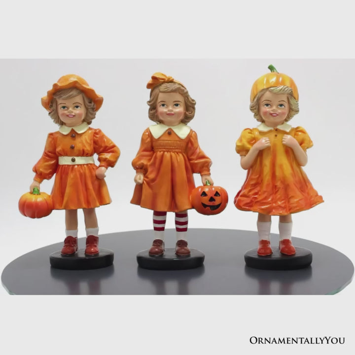 Inviting Pumpkin Girl Trio Set of Figurines, 6" Victorian Autumn Fall and Halloween Table Decoration