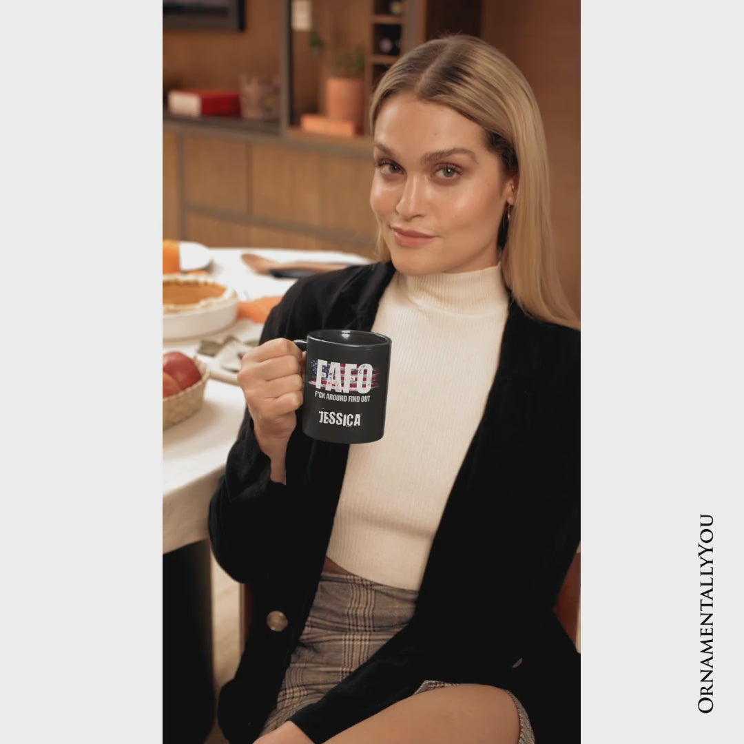 FAFO USA Flag Personalized Mug, F Around Find Out Patriotic Humor Gift with Custom Name