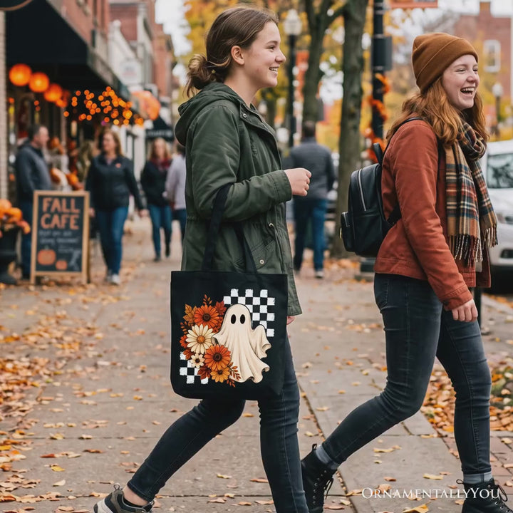 Checkered Floral Ghost Tote Bag, Vintage Fall Halloween Daisy Gift Shopper