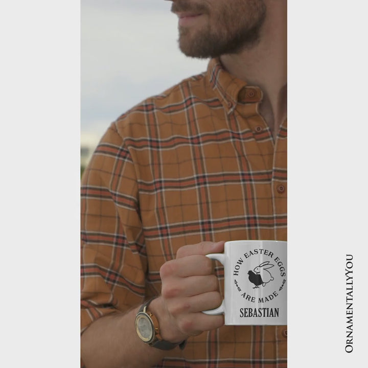 Bold Funny Easter Bunny Sarcastic Personalized Mug, How Easter Eggs Are Made Gift with Custom Name