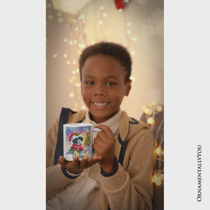 Whimsical Border Collie Puppy Personalized Mug, Adorable Holiday Gift with Custom Name