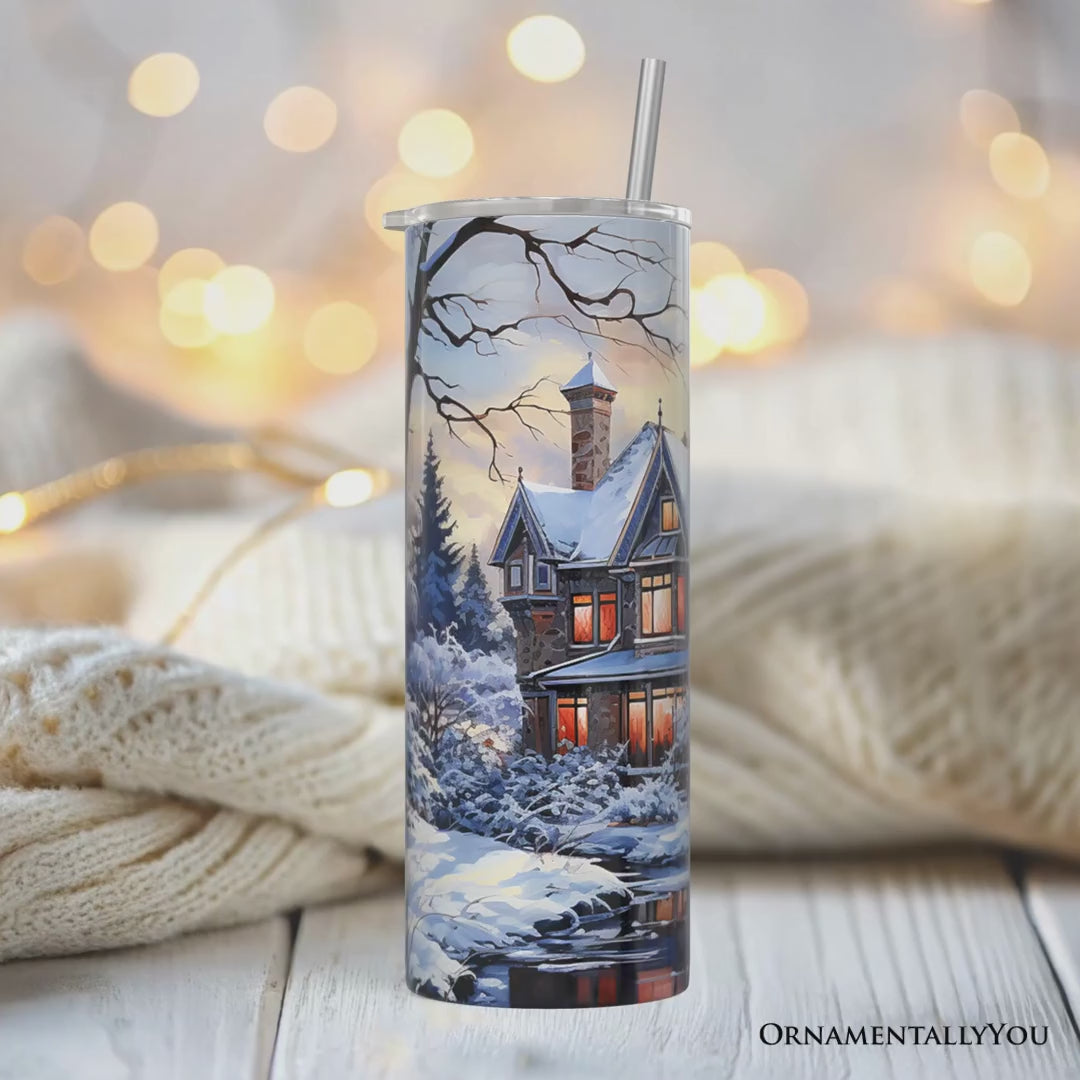 Watercolor Snowy Victorian Mansion Painting 20oz Personalized Tumbler With Lid and Stainless Steel Straw, Cozy Winter Estate Gift Cup