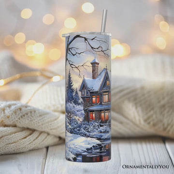 Watercolor Snowy Victorian Mansion Painting 20oz Personalized Tumbler With Lid and Stainless Steel Straw, Cozy Winter Estate Gift Cup