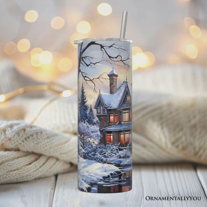 Watercolor Snowy Victorian Mansion Painting 20oz Personalized Tumbler With Lid and Stainless Steel Straw, Cozy Winter Estate Gift Cup