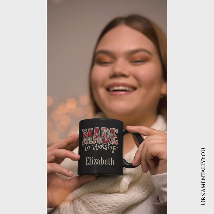 Made to Worship Printed Faux Yarn Crochet Christian Personalized Mug, Floral Retro Faith Gift with Custom Name