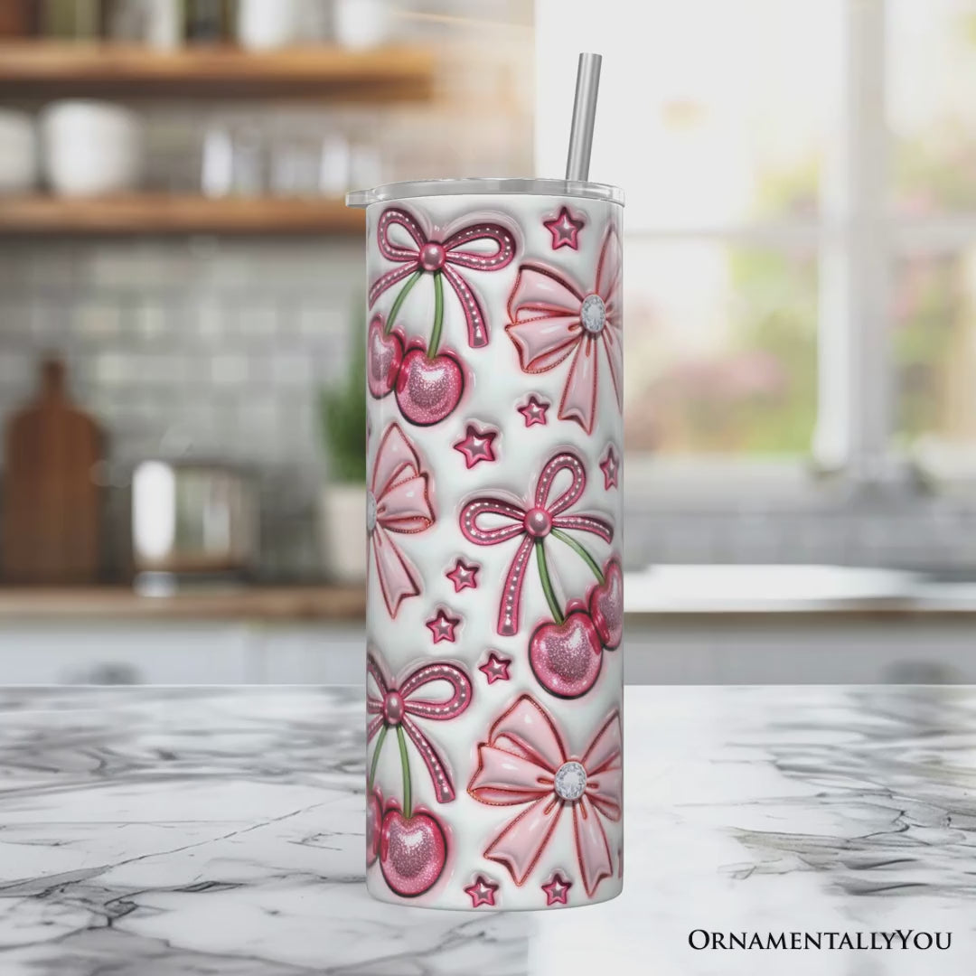 Coquette Cherry Bows 3D Inflated Tumbler With Lid and Stainless Steel Straw, Spring Floral Travel Mug Gift
